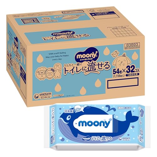 Moony Baby Wipes, Flushable, Refill Pack, 1728 wipes (54 wipes x 32 packs)